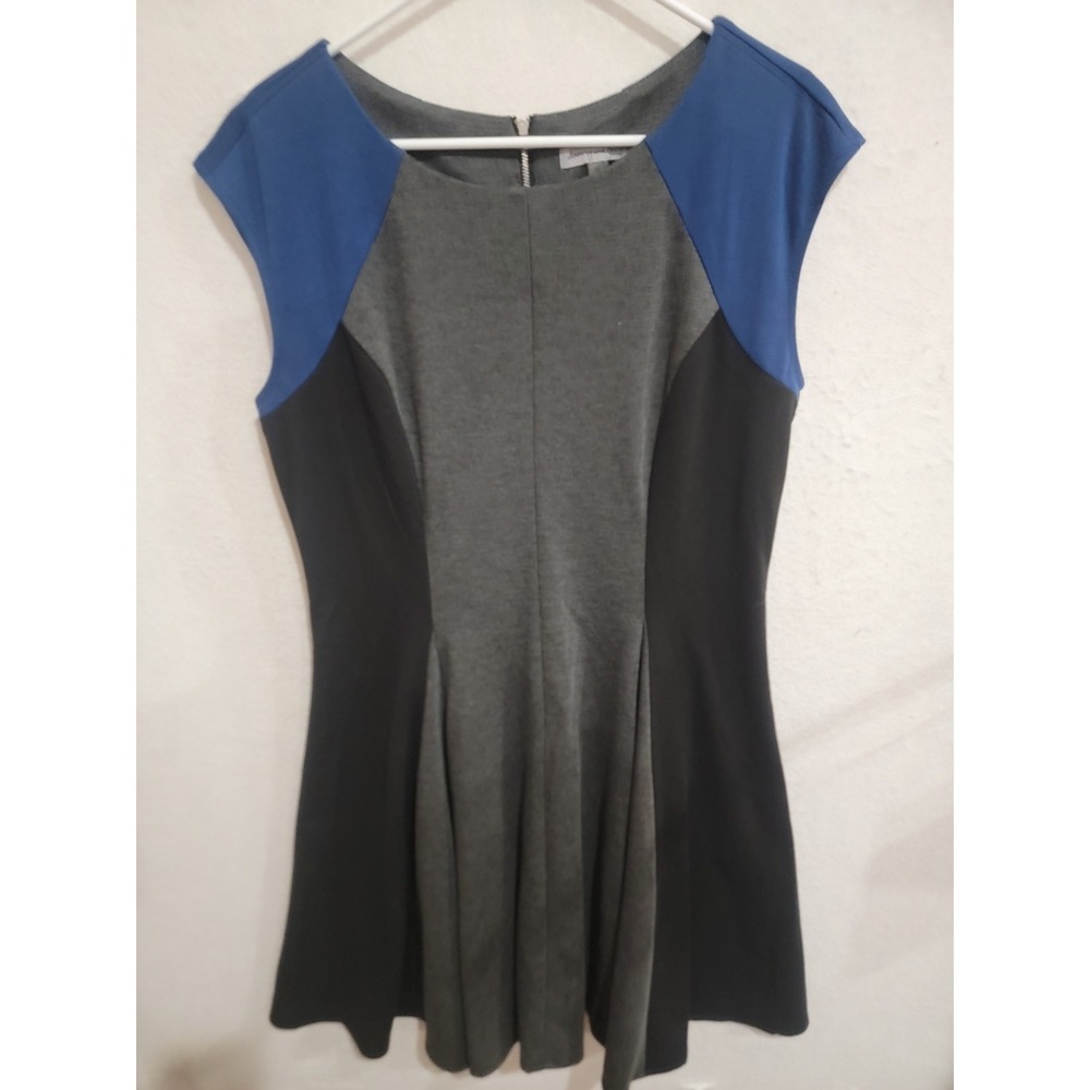 Danny and Nicole Colorblock Dress 16 Grey Blue Black Fit Flare Illusion Knit‎